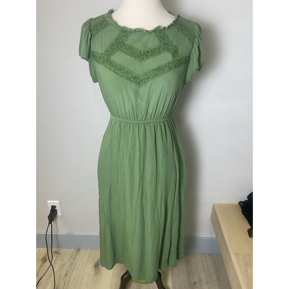 Polagram Green Midi Dress Size S Boho Cottagecore Prairie Crochet Flutter Sleeve